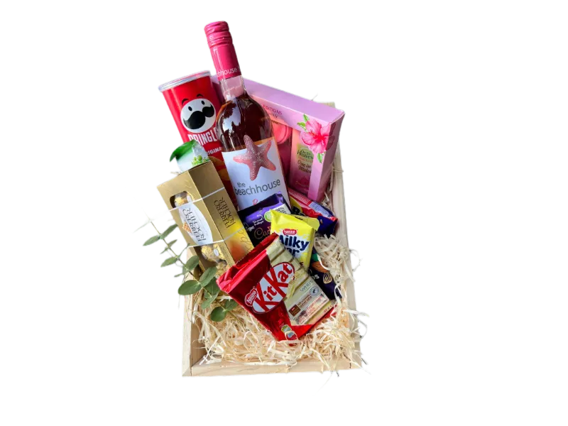 wooden box with the beach house wine, chocolates and an Oh So Heavenly gift set