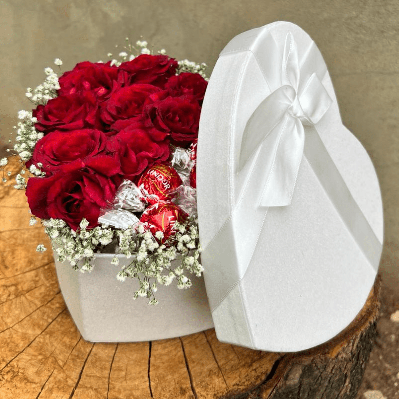 Heart-Shaped Red Rose and Lindor Truffle Arrangement